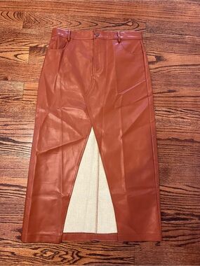 NWT High-Rise Faux Leather Midi Skirt in Rust Brown size L